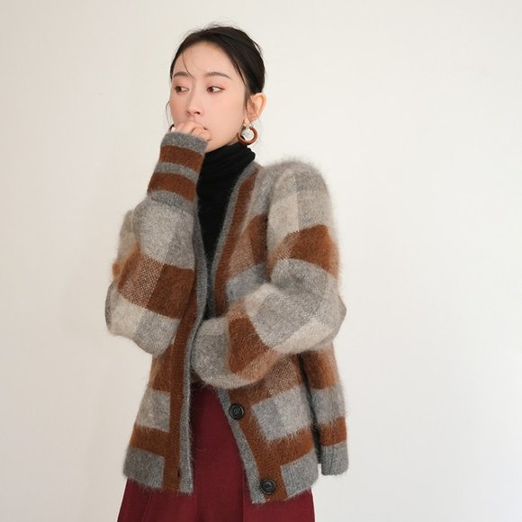 SUSHE V-neck gentle retro plaid knitted mohair cardigan NWT - Picture 3 of 6